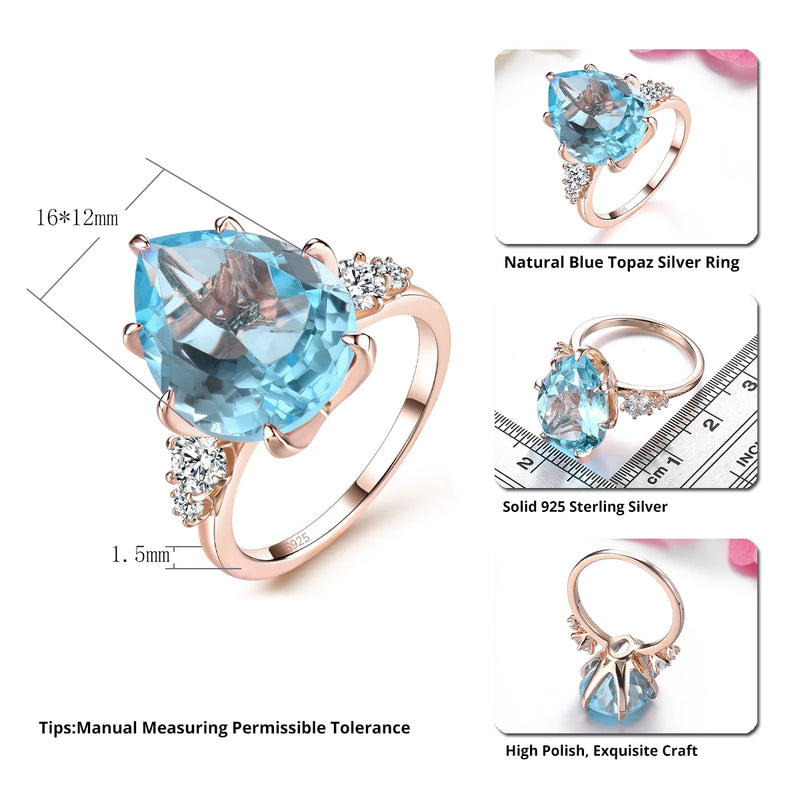 Sterling Silver Rose Gold Plated Natural Sky Blue Topaz Drop Ring