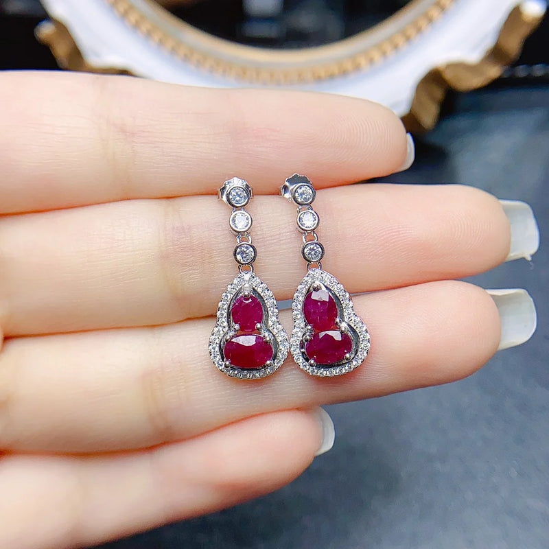 Sterling Silver Natural Ruby Gourd Earrings for Women