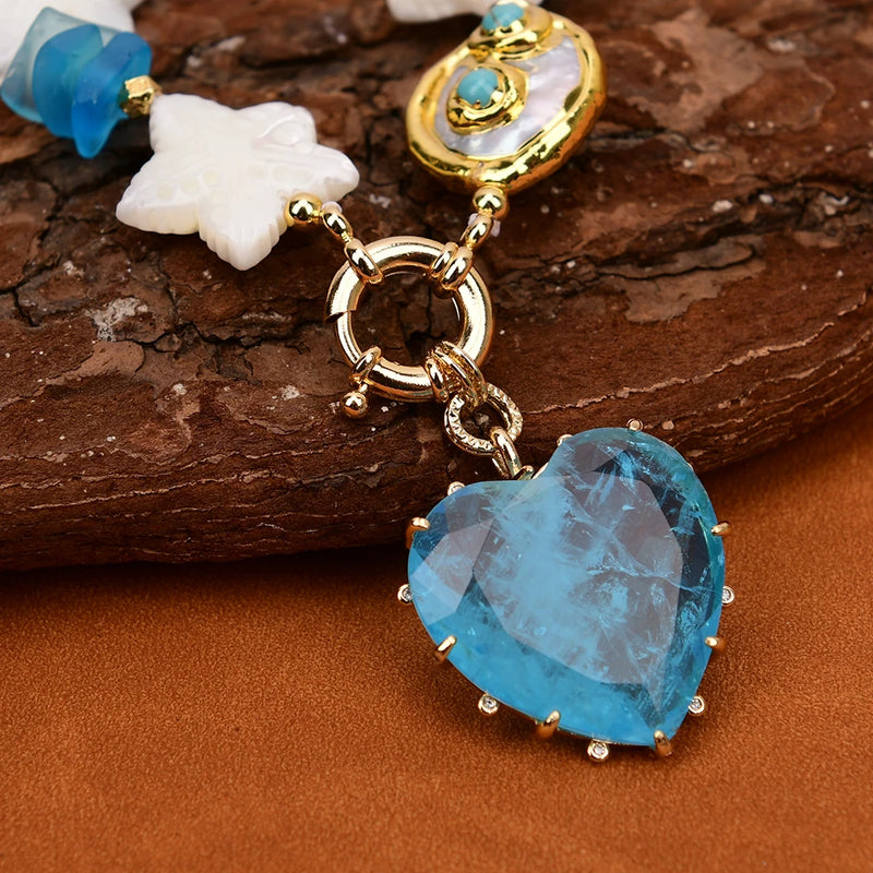 Gold Plated Bracelet with White Sea Shell, Freshwater Pearl, Starfish, Turquoise & Blue Quartz Pendant