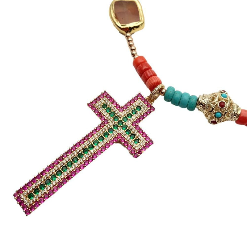 Y.YING Multi Stone Cz Pave Cross Pendant Necklace 19 Gemstone Handmade Fashion Jewelry\"