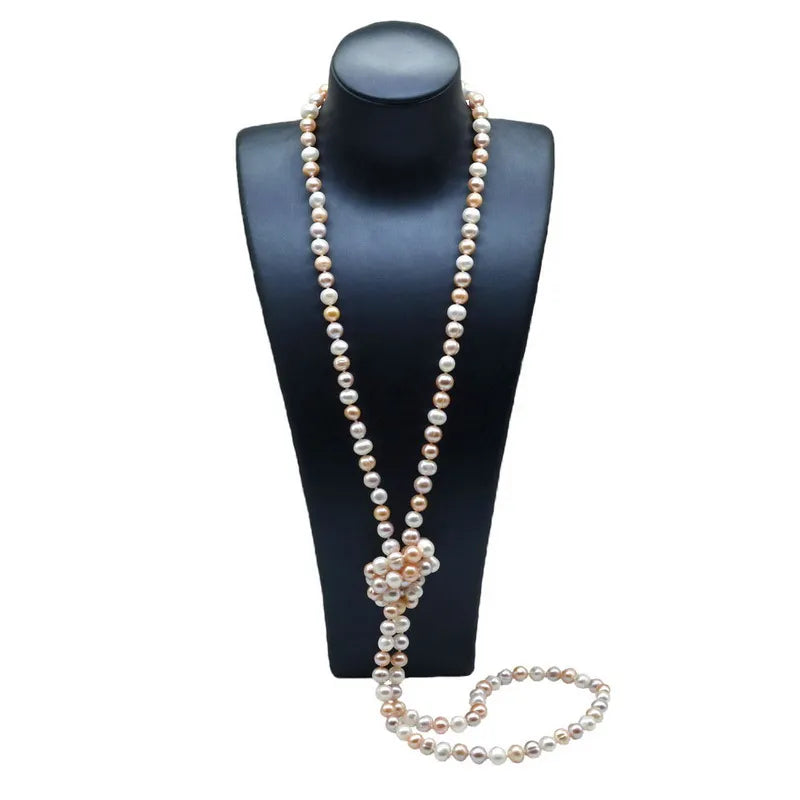 Sterling Silver Freshwater White Pearl Long Necklace for Women