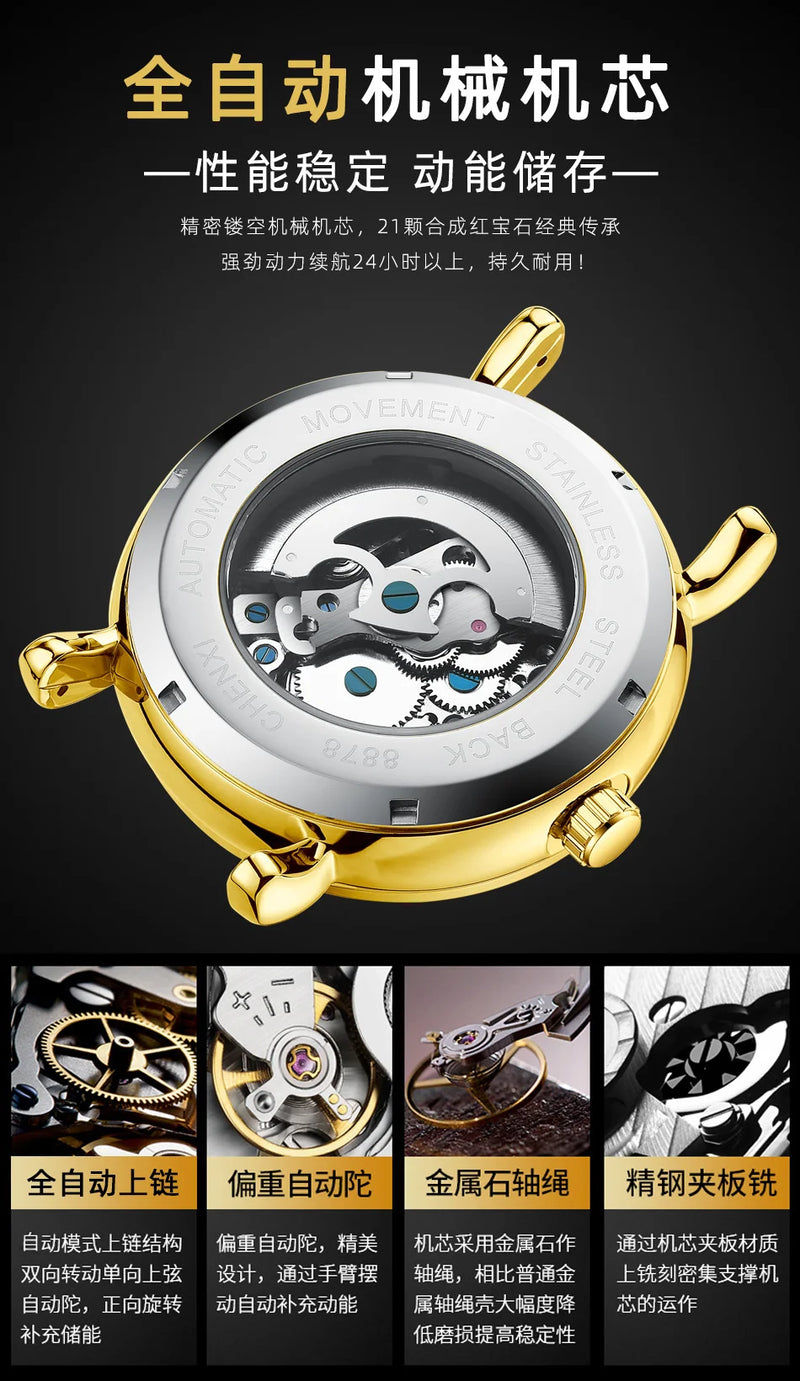 Stainless Steel Skeleton Automatic Luminous Mechanical Watch for Men