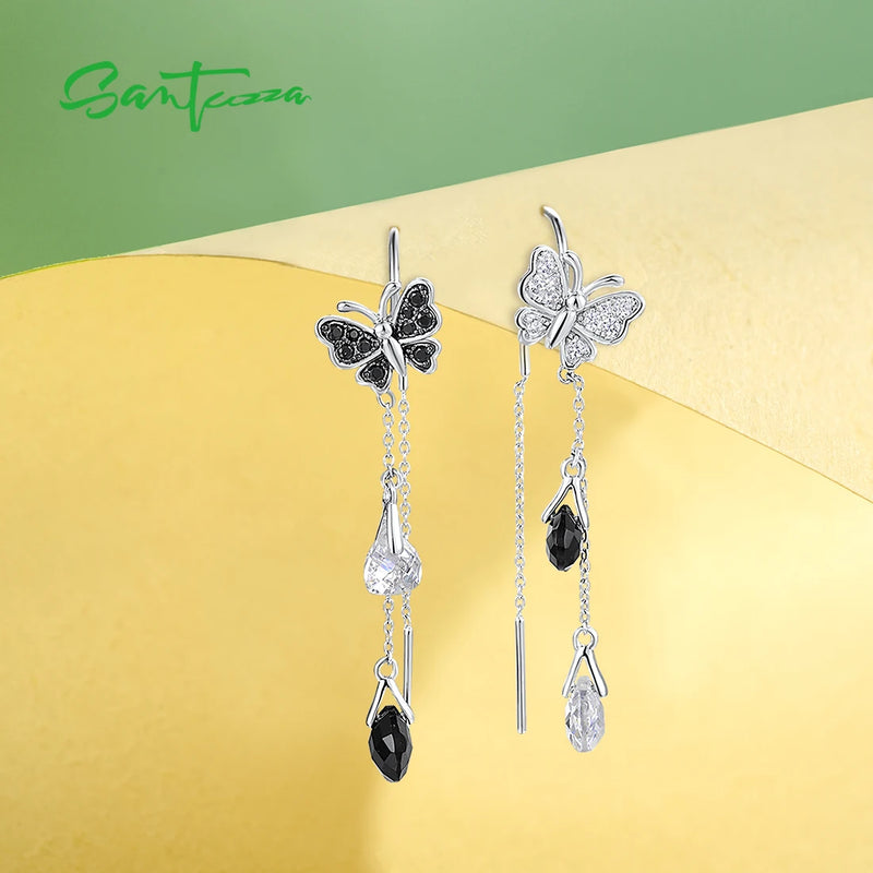 925 Sterling Silver Sparkling White CZ and Black Spinel Butterfly Earrings for Women