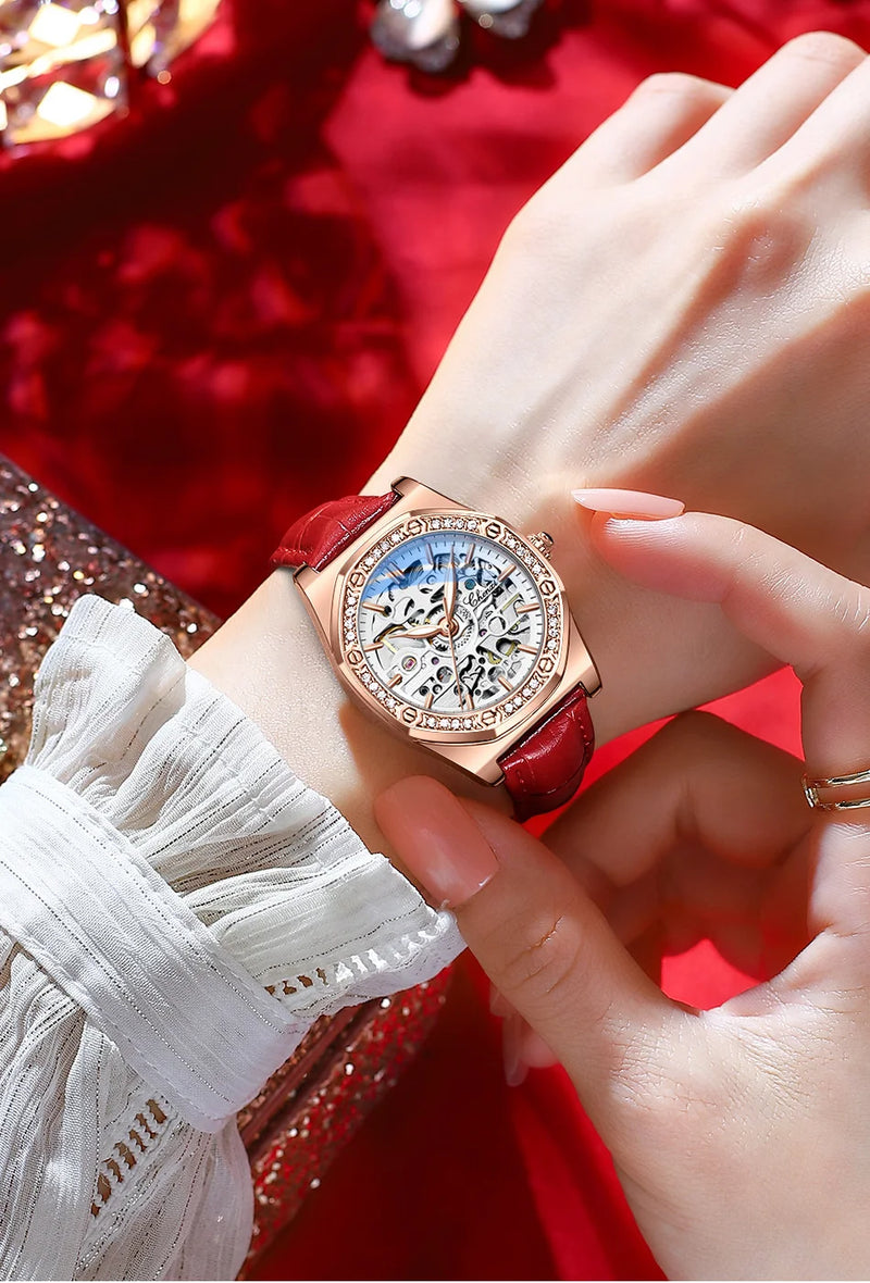 Gold Hollowed Automatic Waterproof Night Watch for Ladies