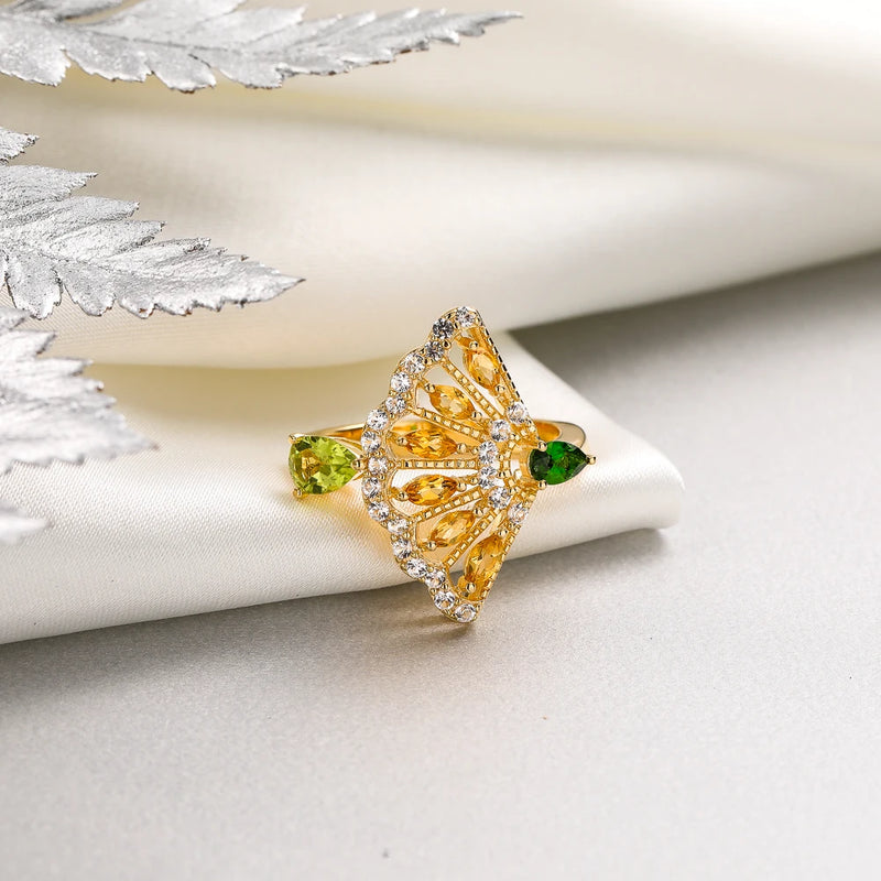 925 Sterling Silver Fan Skirt Rings with 1ctw Natural Citrine and Peridot Mixed Gems 14K Gold Plated, for Women