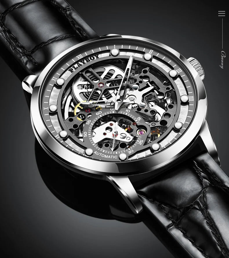 Stainless Steel Leather Strap Skeleton Automatic Mechanical Watch for Men