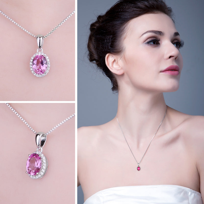 925 Sterling Silver Created Pink Sapphire Halo Pendant for Woman