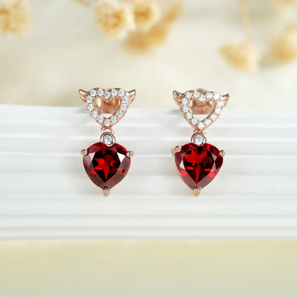 925 Sterling Silver Red Garnet Heart Dangling Earrings for Women