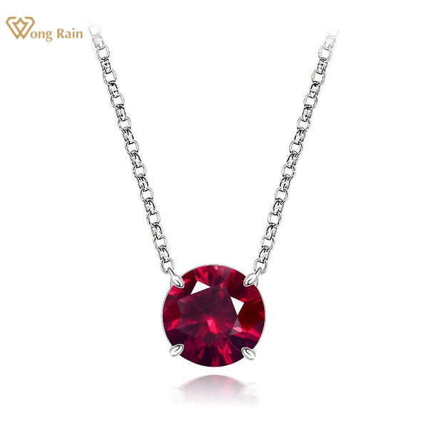 Wong Rain Simple 925 Sterling Silver Round Cut 1CT Lab Sapphire Ruby Gemstone Pendant Necklace for Women Fine Jewelry Wholesale