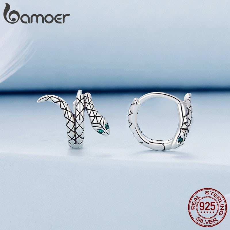 Sterling Silver Snake Hoop Earrings with Green Zircon for Women