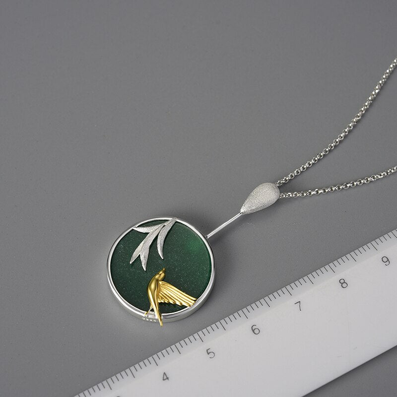 925 Sterling Silver Round Pendant with Lotus, Swallow, and Willow in Spring Wind for Women