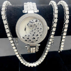 Stainless Steel Iced Out Watch, Tennis Chain Bracelet, and Necklace Set for Women