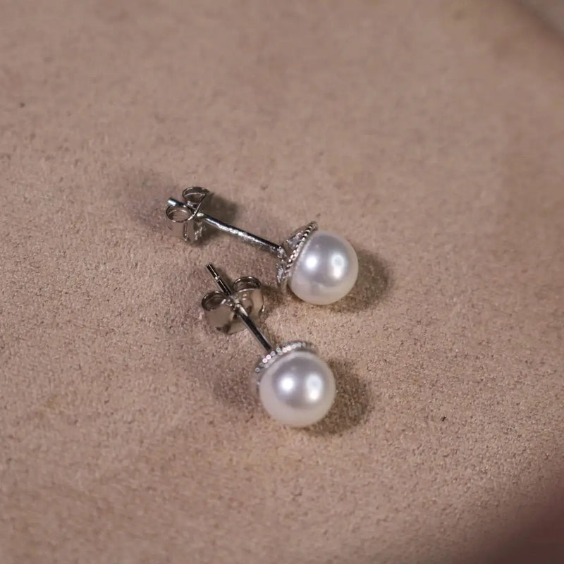 Sterling Silver 6.35mm Pearl Stud Earrings for Women