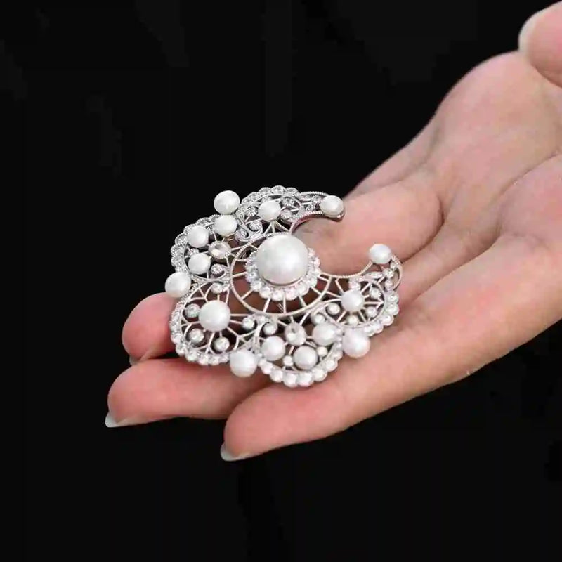 Sterling Silver Freshwater Pearl and White Sapphire Cocktail Brooch for Women