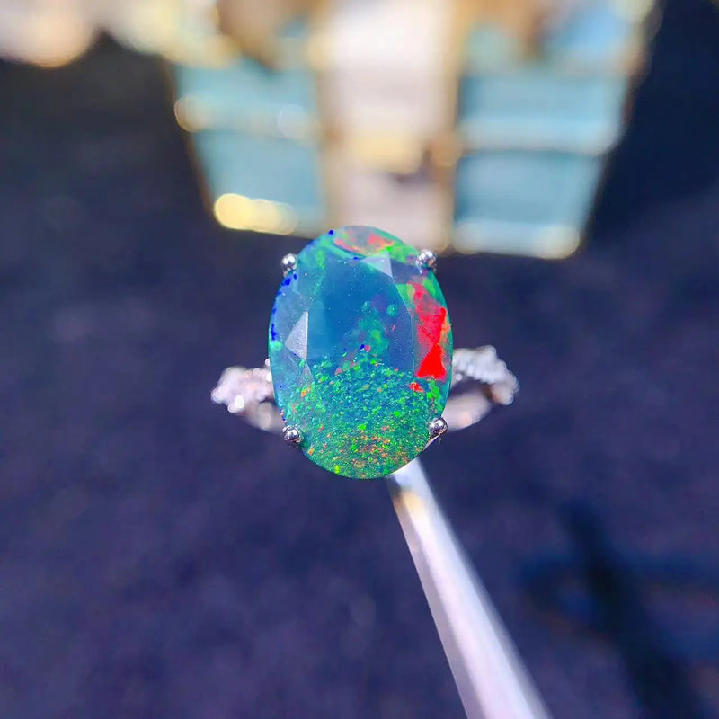 925 Sterling Silver Black Opal Ring for Women