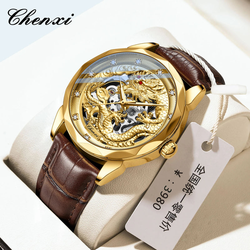 Gold Stainless steel 3D embossed dragon pattern automatic mechanical watch for Men