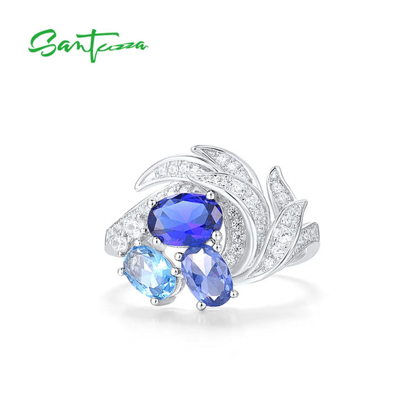 Sterling Silver Blue Spinel and Cubic Zirconia Ring for Women