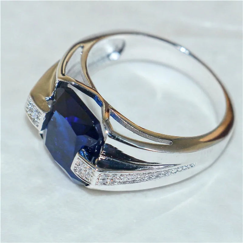 925 Sterling Silver Blue Sapphire Square Gemstone Ring for Men