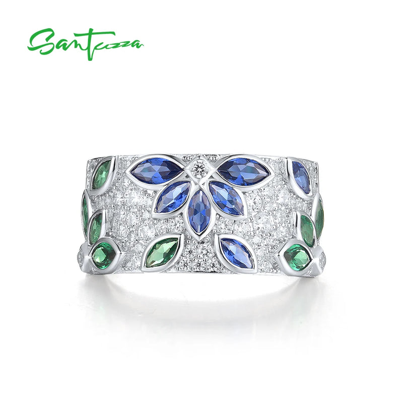 925 Sterling Silver Blue Green Spinel & White CZ Cluster Flower Ring For Women