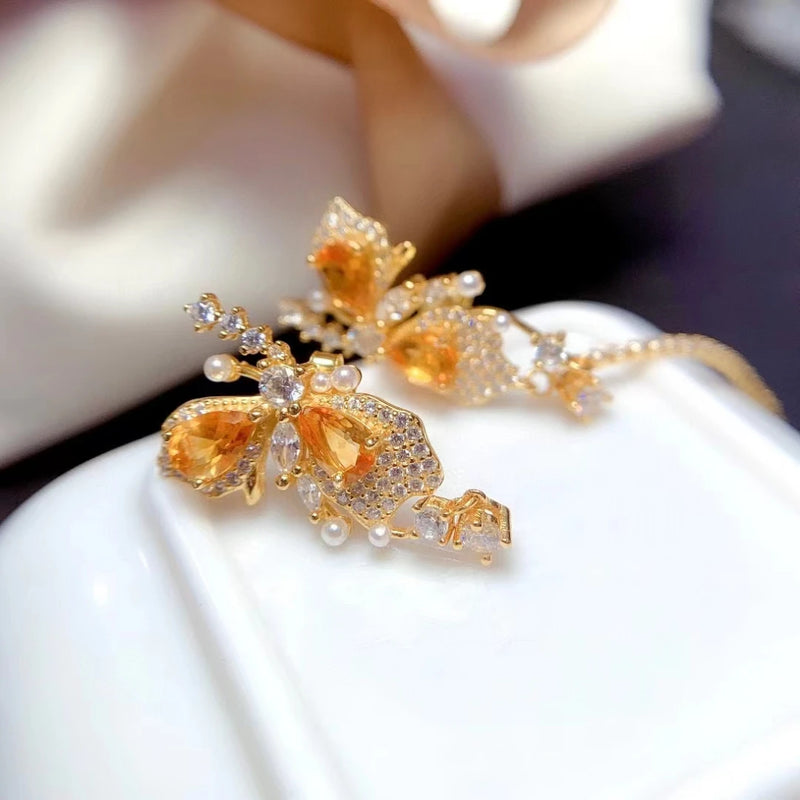 925 Silver Natural Brazil Citrine Butterfly Earrings for Women