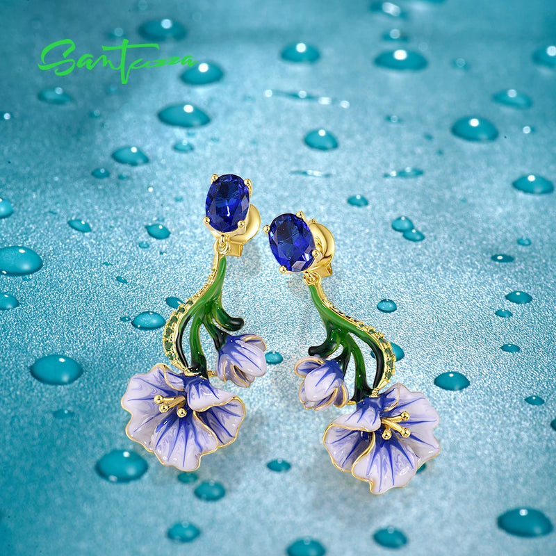 925 Sterling Silver Blue Spinel Enamel Flower Stud Earrings for Women