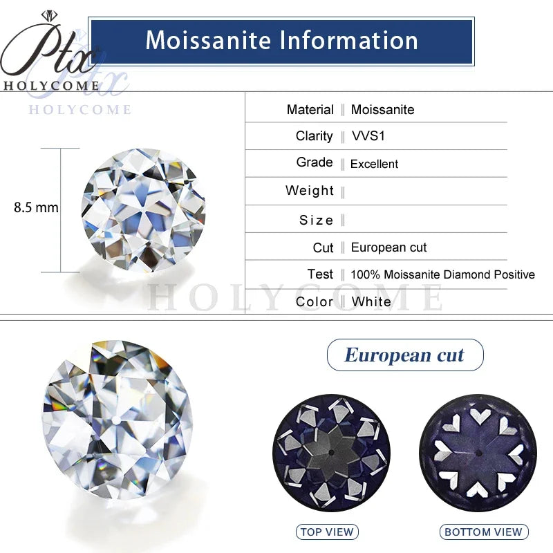 White Moissanite (VVS1) Old European Cut Round Loose Gemstone for Women