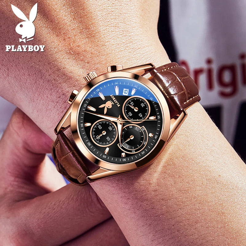 Stainless Steel Leather Strap Chronograph Luminous Quartz Watch for Men