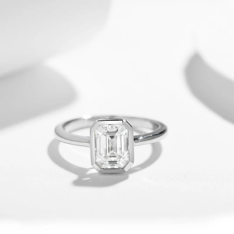 925 Sterling Silver Real Moissanite Emerald Cut Engagement Ring for Women