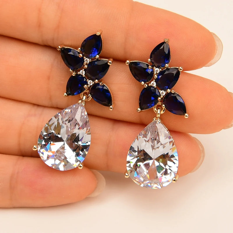 Gold Plated Blue Crystal Water Drop Earrings with Cubic Zirconia for Women