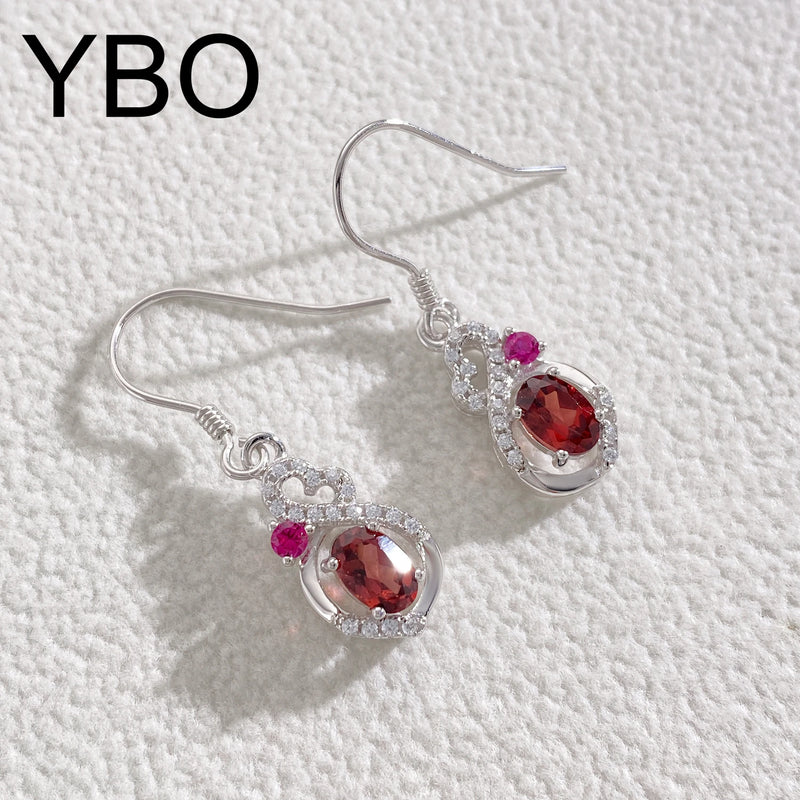 925 Sterling Silver Red Garnet Geometric Dangling Earrings for Women