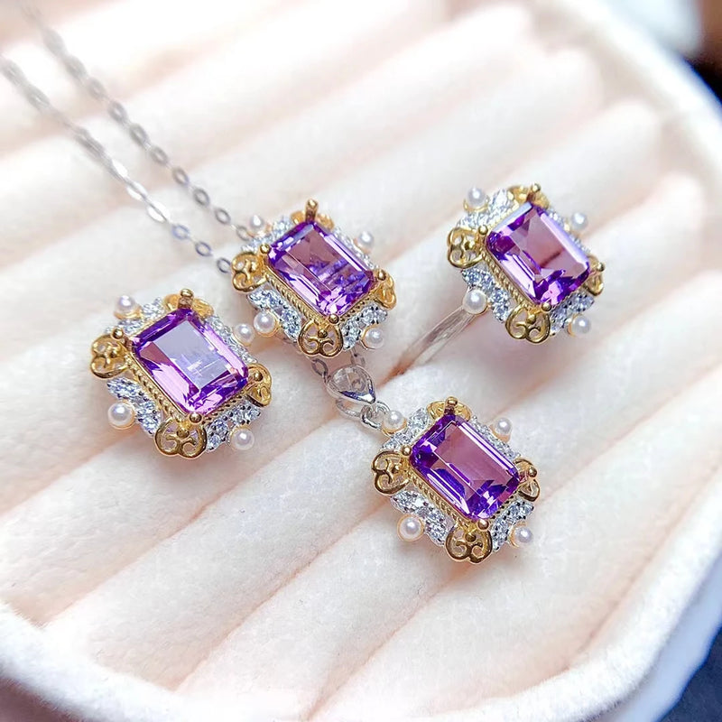 925 Sterling Silver Amethyst Jewelry Set for Women