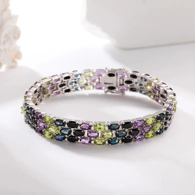 925 Sterling Silver Amethyst Mix Color Gemstone Bracelet for Women and Men