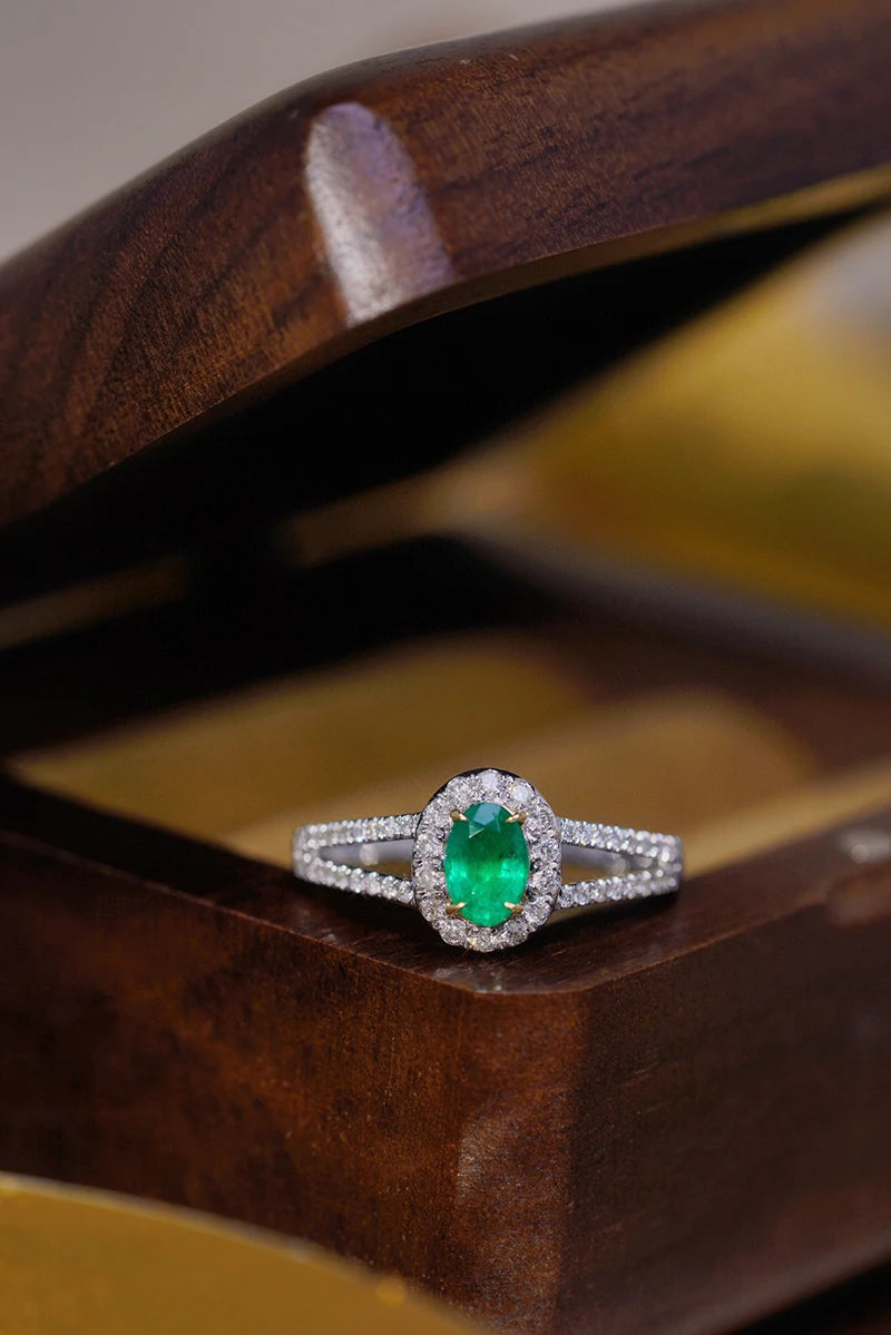 18K White and Yellow Gold Natural Emerald and Diamond Ring for Women