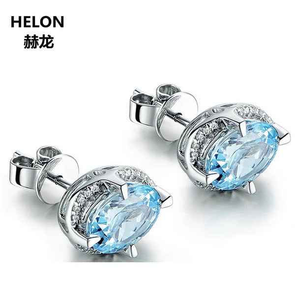 14k White Gold Natural Diamond Stud Earrings 0.10 ct with Sky Blue Topaz 4x6mm for Women