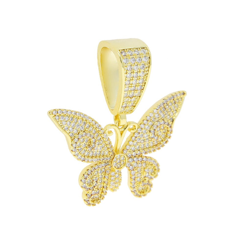 Gold or Silver Butterfly Pendant Necklace with Cubic Zircon, Iced Out, for Men or Women