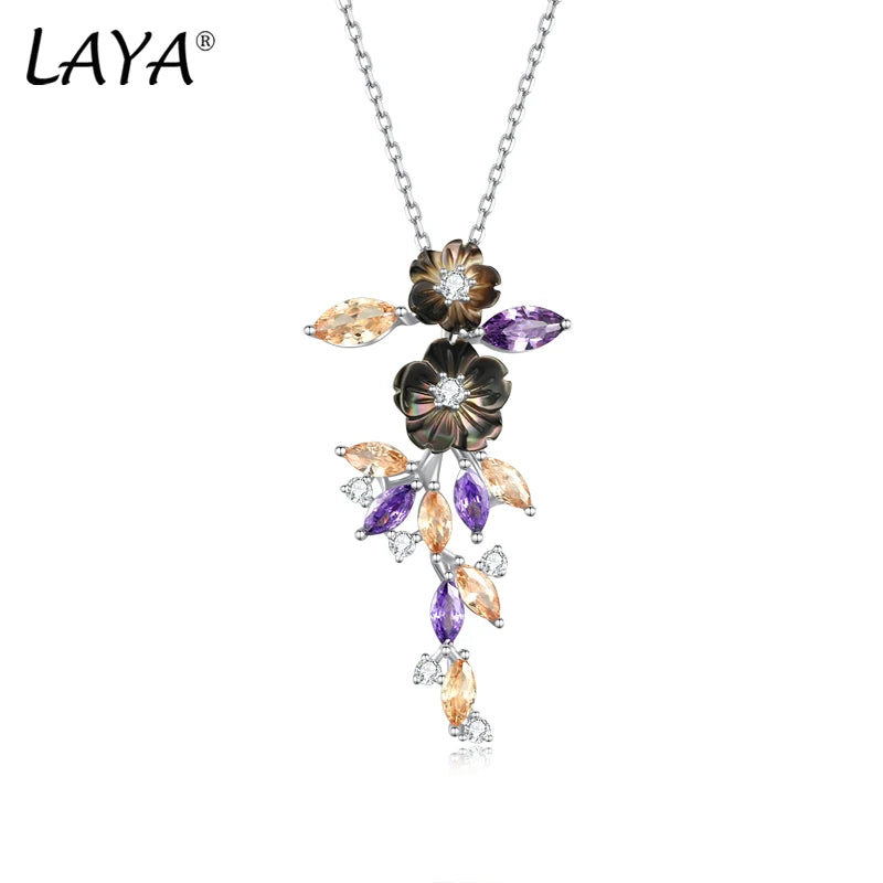 Silver Floral Pendant with Purple & Yellow Zircon Necklace for Women