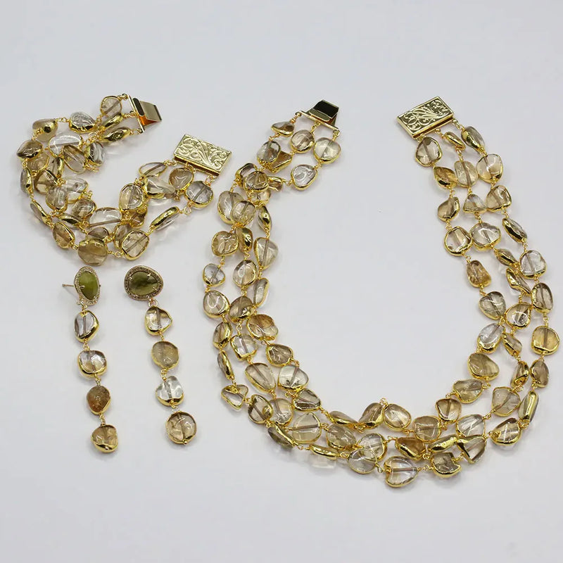 Gold Plated Natural Yellow Citrine Freeform Stone Necklace Earrings Bracelet Set for Women