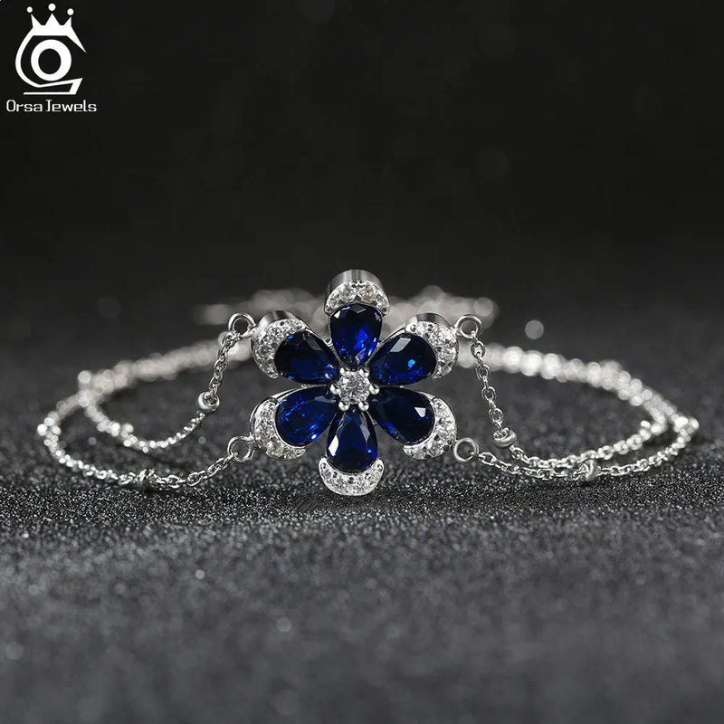 925 Sterling Silver Created Sapphire Flower Bracelet for Women