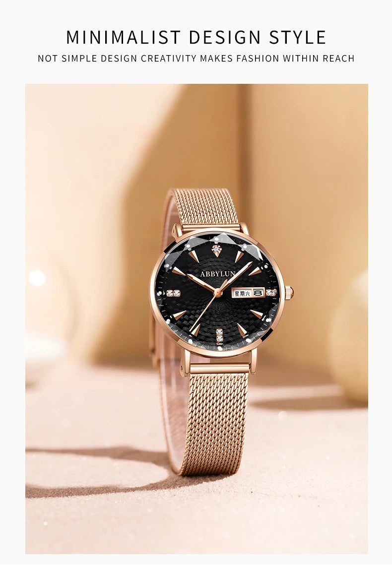 Stainless Steel Mesh Waterproof Quartz Watch with Diamond Dial for Women