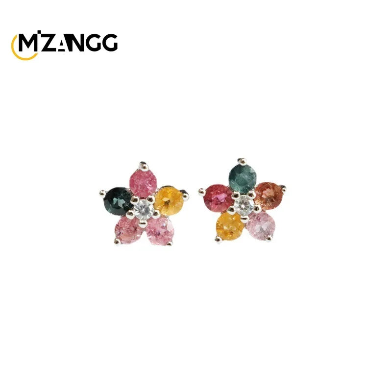 Sterling Silver Tourmaline and Jade Floral Earrings for Women