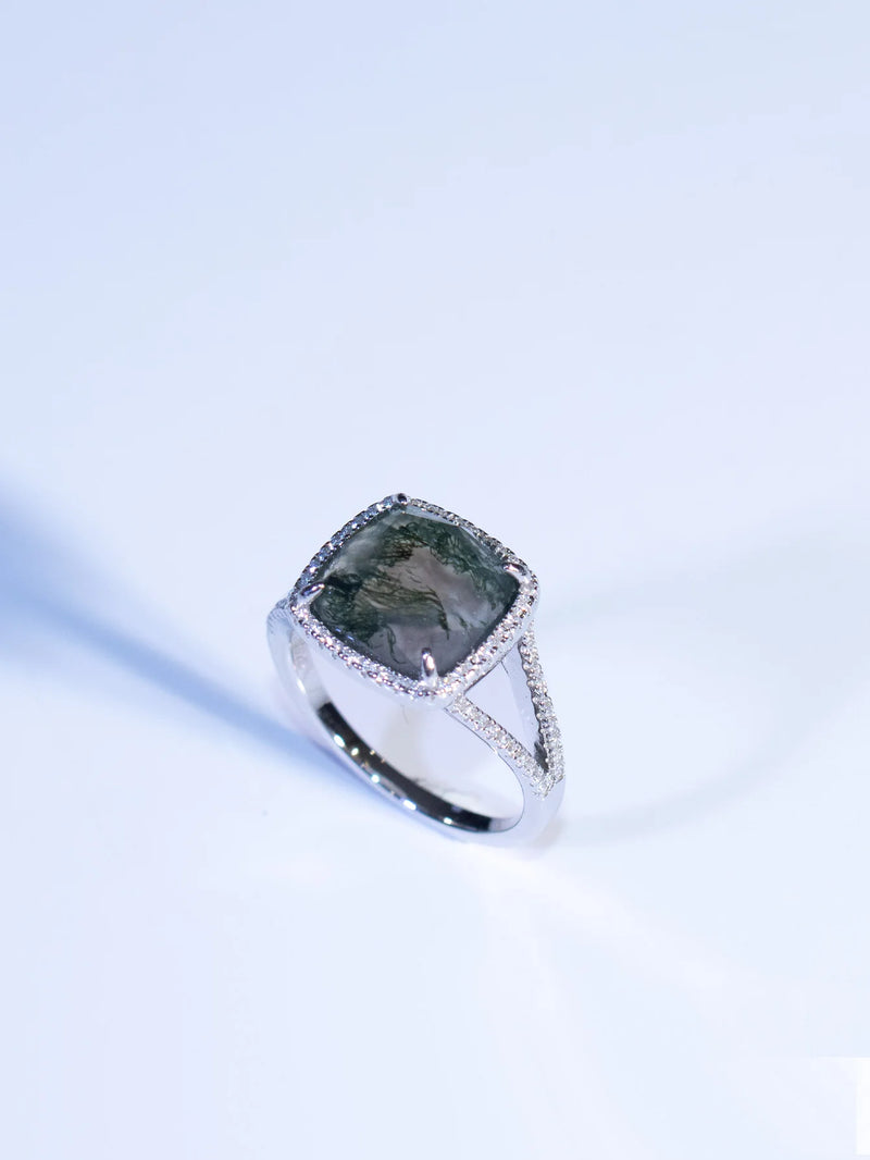 Sterling Silver Green Water Grass Diamond Ring for Woman