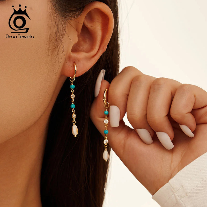 925 Sterling Silver Turquoise Dangle Earrings with Zirconia for Women