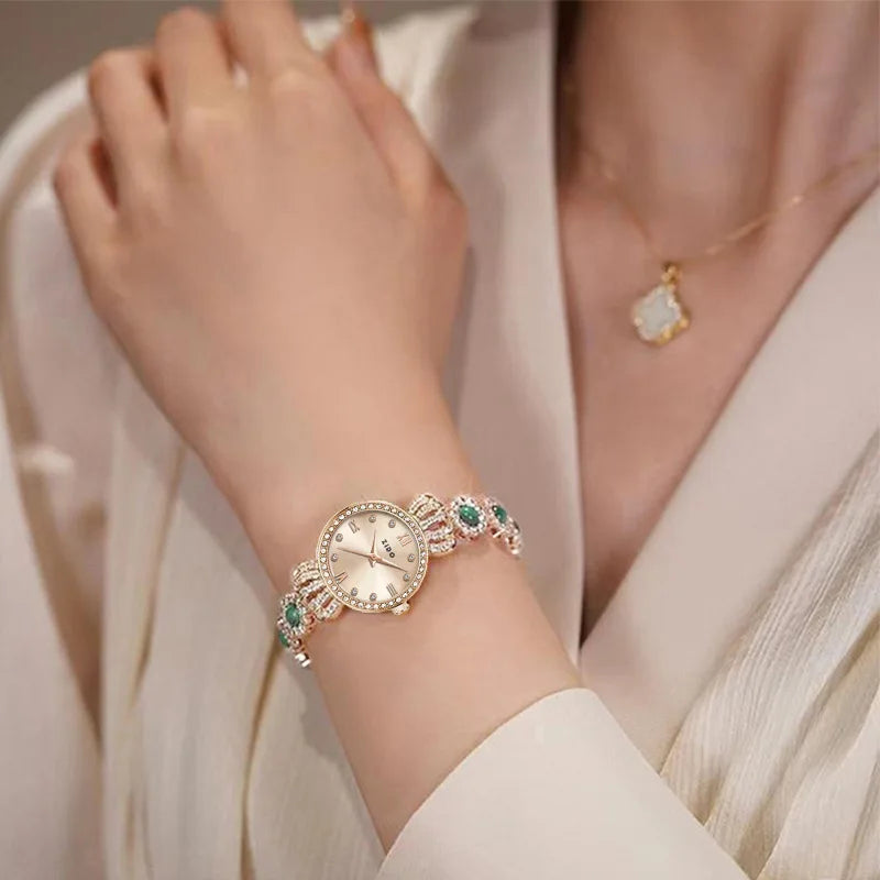 Malachite green simple small fashion all casual temperament light luxury inlaid diamond small crown women's watch