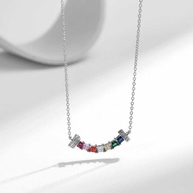 Sterling Silver Rainbow Zirconia Square Pendant Necklace for Women