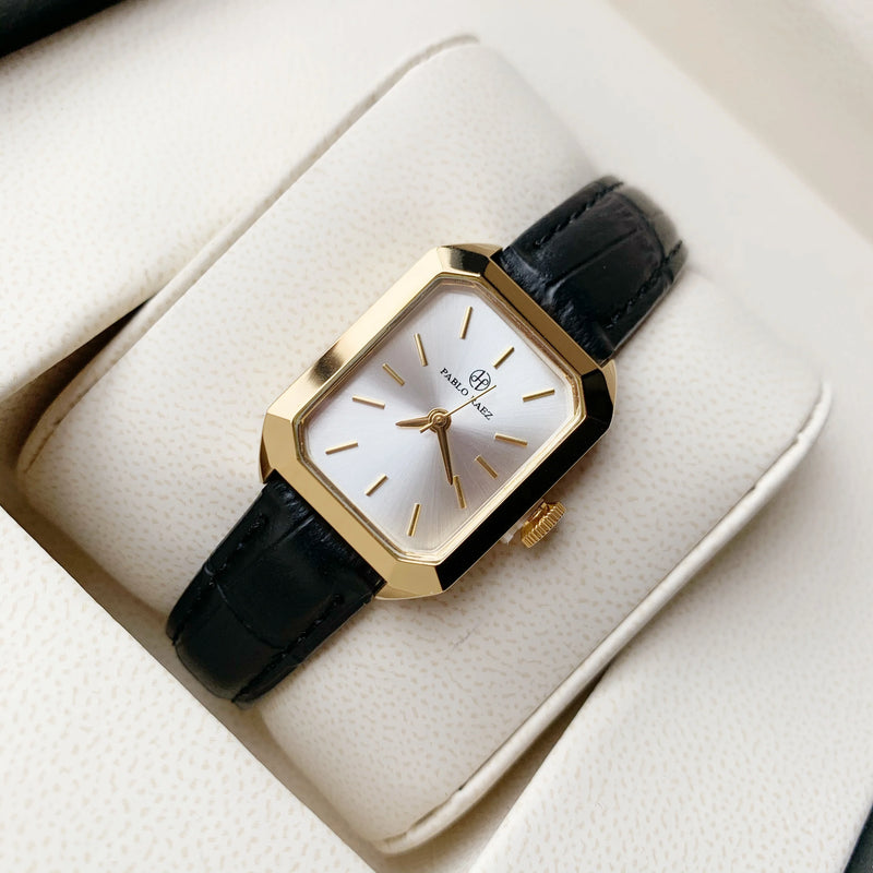 Luxury Women's Square Watch with Black Leather Strap and Small Dial