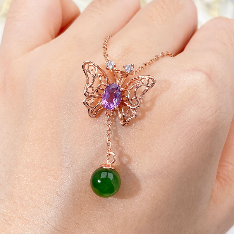 925 Sterling Silver Amethyst, Peridot & Garnet Hollow Butterfly Pendant Necklace for Women