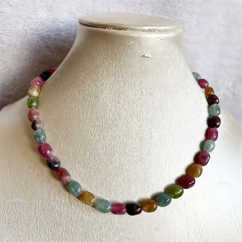 Sterling Silver Natural Stone Nugget Tourmaline Jade Necklace Pink Yellow Green Brown for Women