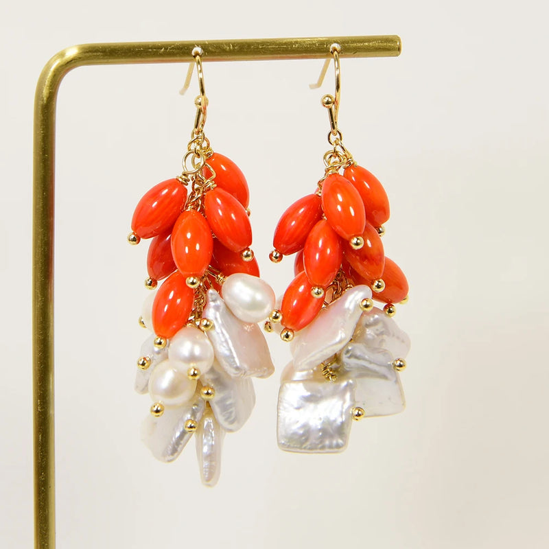 Sterling Silver Natural White Cultured Keshi Pearl and Orange Rice Coral Hook Earrings For Women