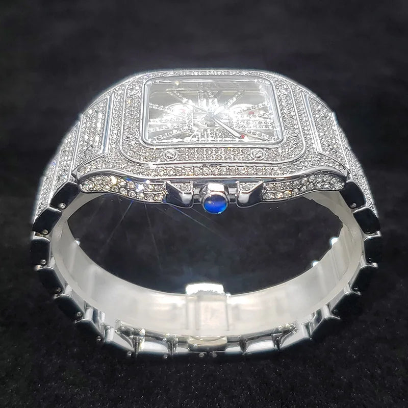Classic Fashion Men Watches Luxury Diamond Stainless Steel Bracelet Quartz Wristwatch Man Business Casual Square Skeleton Watch