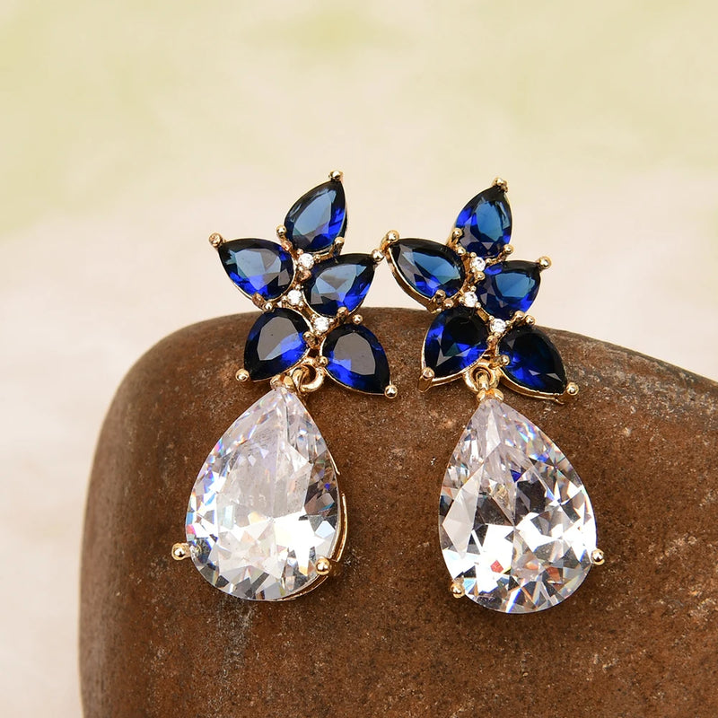 Gold Plated Blue Crystal Water Drop Earrings with Cubic Zirconia for Women